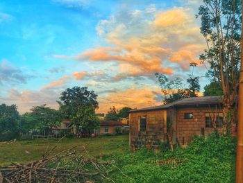 Houses and trees on field against sky during sunset