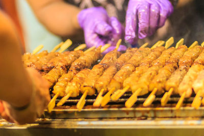 Close-up of meat on barbecue grill