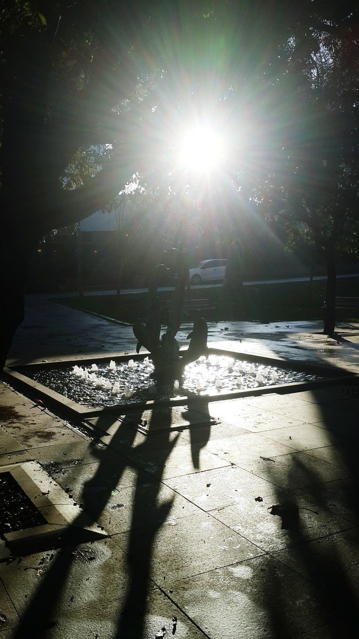 sunlight, shadow, sun, sunbeam, silhouette, tree, walking, lifestyles, lens flare, sunny, leisure activity, street, men, outdoors, person, day, sidewalk, unrecognizable person