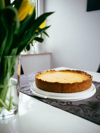 Close-up of cake served on table