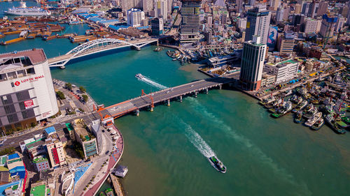 High angle view of buildings in city