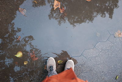 Low section of man standing in puddle