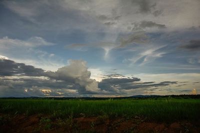 Scenic view of grassy field against cloudy sky