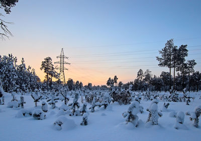 Snow covered landscape against clear sky