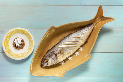 High angle view of fish on table