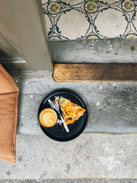 High angle view of food in container on floor