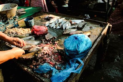 High angle view of people preparing food