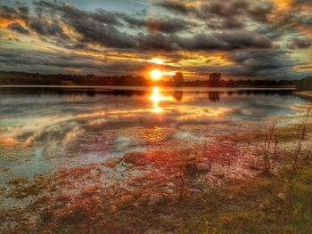 Scenic view of lake against cloudy sky