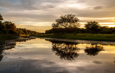 Scenic view of lake against sky at sunset