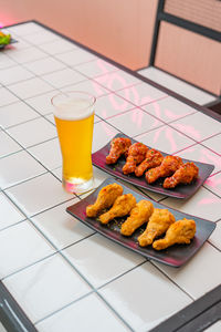 High angle view of food served on table