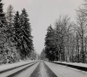 Road amidst trees against sky during winter