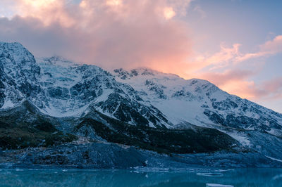 Scenic view of snowcapped mountains against sky during sunset