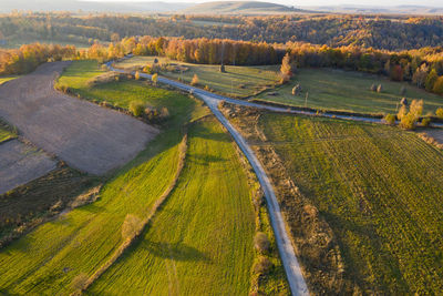 Aerial picture of a countryside village road, agricultural fields, forest. transylvania, romania