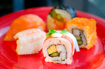 Close-up of sushi served in plate