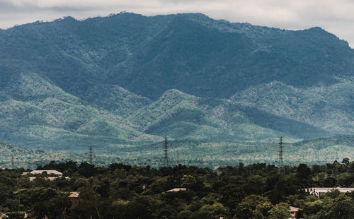 High angle view of trees and mountains