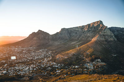 Aerial view of landscape with mountain range in background