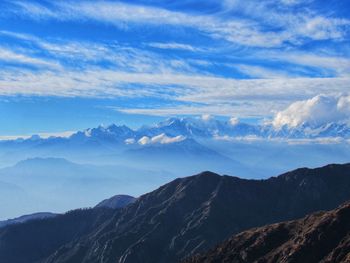 Scenic view of mountains against blue sky