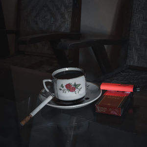 High angle view of tea cup on table at home