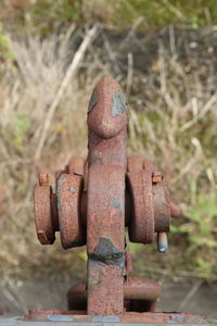 Close-up of rusty metal on field