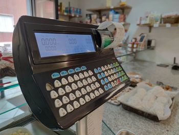 High angle view of information sign on table