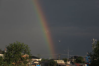 Rainbow over city buildings