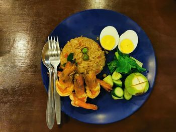 High angle view of breakfast served on table