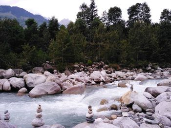 Rocks by river in forest against sky