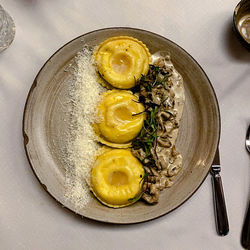 High angle view of food in plate on table