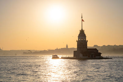 Lighthouse by sea against clear sky during sunset