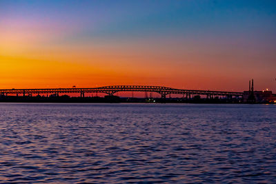 Silhouette bridge over river against sky during sunset