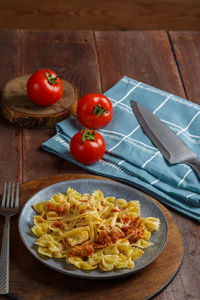 High angle view of food in plate on table