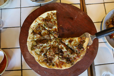 High angle view of pizza in plate