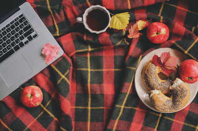 High angle view of breakfast on table