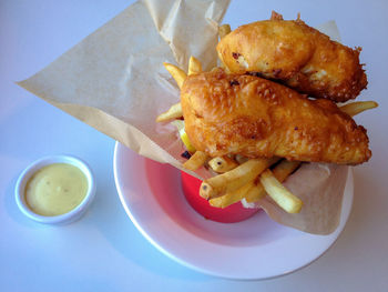 High angle view of food served in plate on table