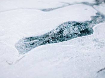 Close-up of snow on sea shore