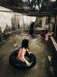 High angle view of people in water