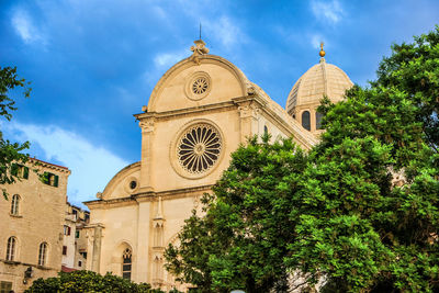 Low angle view of trees and buildings against sky