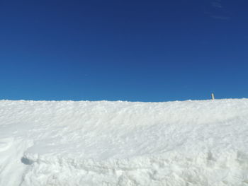 Snow covered land against clear blue sky