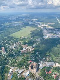 High angle view of buildings in city against sky