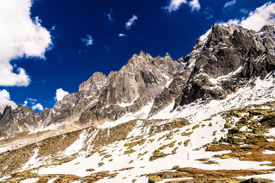 Low angle view of snowcapped mountain against sky