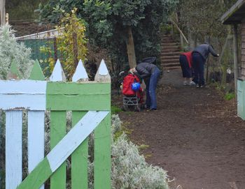 Rear view of man standing on tree trunk