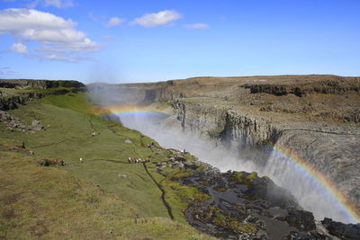 Scenic view of waterfall against sky