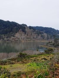 Scenic view of lake and mountains against clear sky