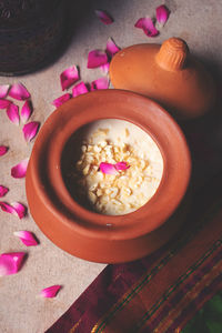High angle view of breakfast served on table