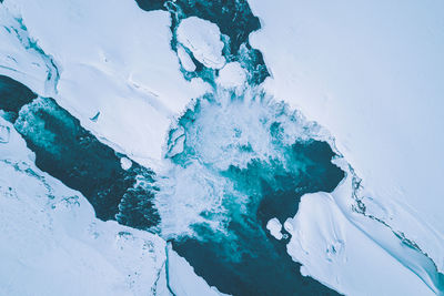 High angle view of frozen land amidst river