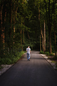 Rear view of man walking on road amidst trees in forest