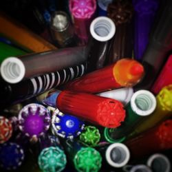 High angle view of multi colored candies on table