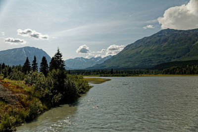 Scenic view of river by mountains against sky