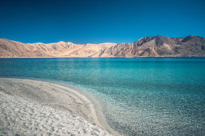 Scenic view of sea against clear blue sky