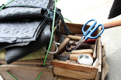 High angle view of ropes tied on wood